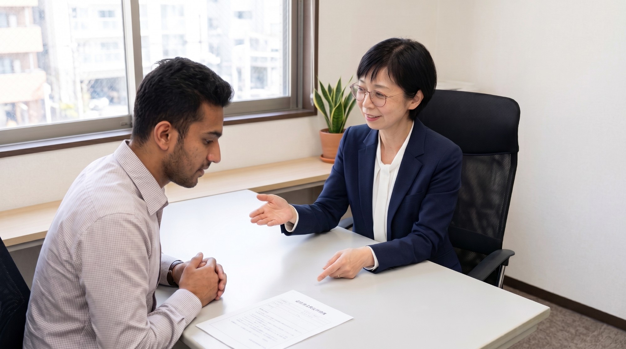 事務所で外国人のクライアントに書類を示しながら在留資格の相談に応じる行政書士・今井